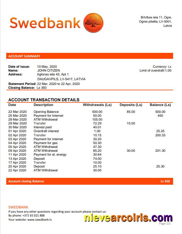 Latvia Swedbank bank statement, Word and PDF format (.doc and .pdf)